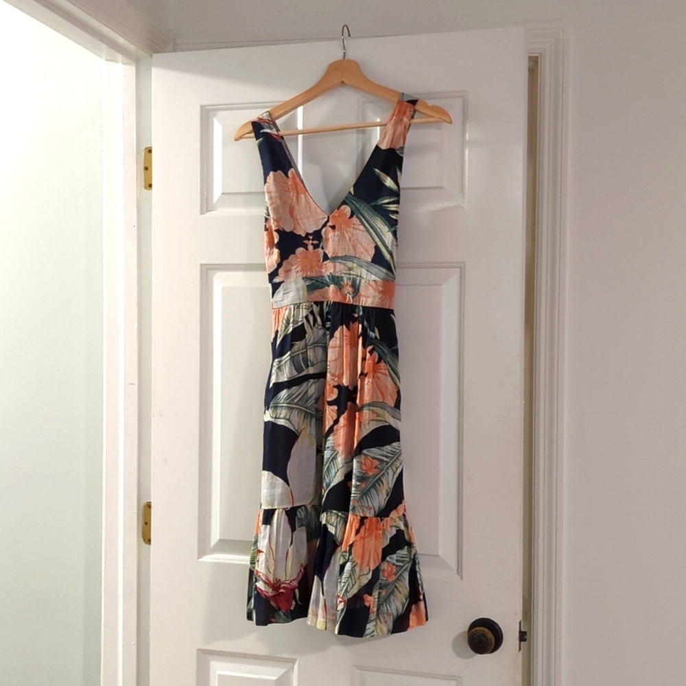 Ann Taylor Navy Floral Midi Dress with Peach and Green Print